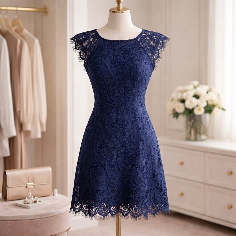 Navy Blue Lace Floral Design Y2K 90s Fairy Grunge Midi Sexy Dress Size 12